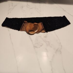 Black Beaded Belt with Wooden Buckle